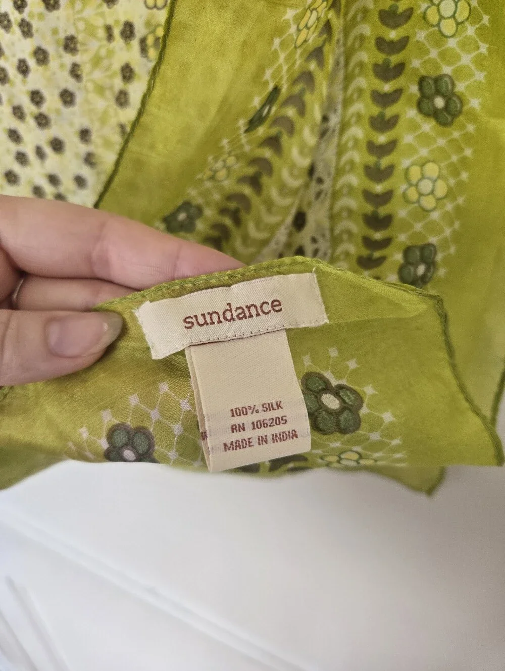 Sundance Catalog Chartreuse Green Ditsy Floral 100% Silk Square Scarf